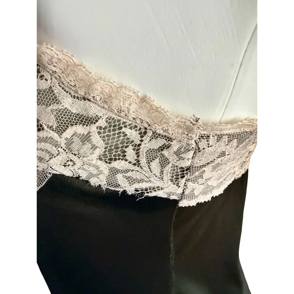 Vintage 60s Formfit Rogers Olive Full Slip Lace Bodice Floral Appliqué Sz 34